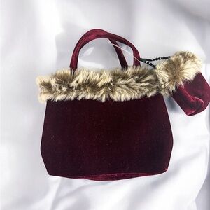 Vintage Cranberry Velvet Bag Purse With Miniature Sz Coin Lipstick Bag Faux Fur